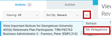 Inbox with "My Delegations" highlighted in the dropdown menu