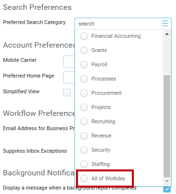 Search category dropdown menu with "all of workday" option highlighted