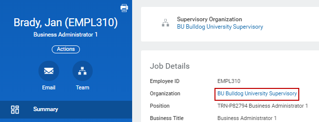 Job details section with BU Bulldog University Supervisory highlighted in the organization row