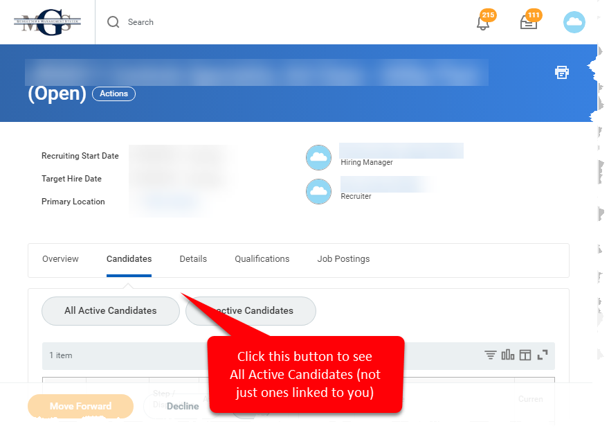 Candidates tab with "all active candidates" and "inactive candidates" options below